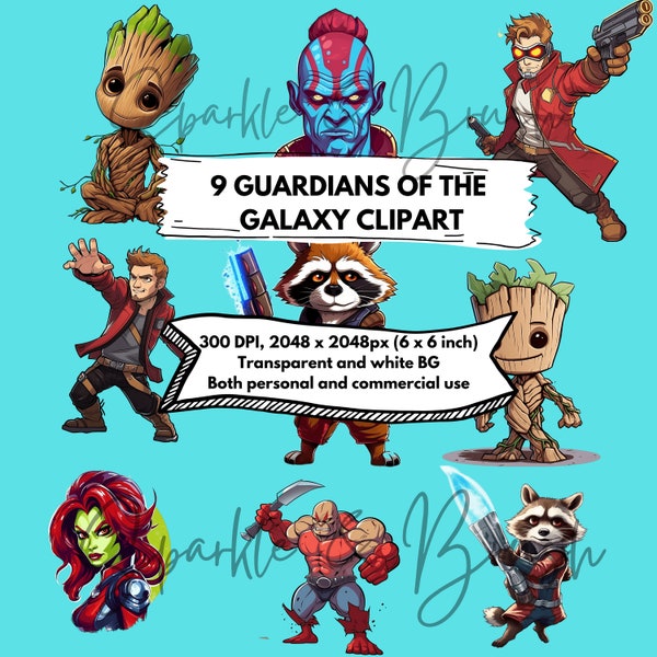9 The Guardians of the Galaxy Clipart | Movie Fans Commercial and Personal use for Cards, Menus, Projects | Gift Film Lovers Cute Fan Marvel