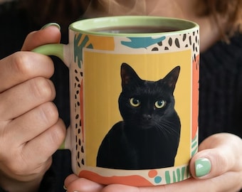 Custom Cat Mug From Photo, Personalized Pet Portrait Coffee Mug, Retro Mid Century Mug, Custom Gift for Cat Mom, Upload Your Own Photo