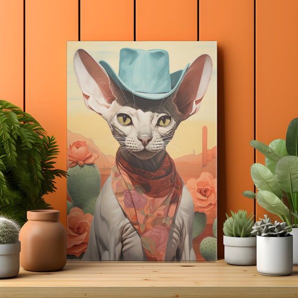 Cowboy Cat Western Wall Art, Sphynx Cat Art Print, Vintage Retro Cowgirl Hairless Kitty Decor - Gifts for Sphynx Cat Lovers Mom Dad