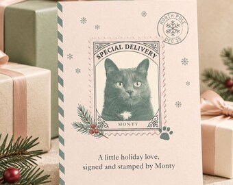 Cat Christmas Card, Custom Photo Card, Personalized Cat Mom Gift, Vintage Stamp Holiday Greeting