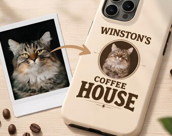 Custom Cat Coffee House Phone Case: Personalized Pet Portrait, Vintage Style