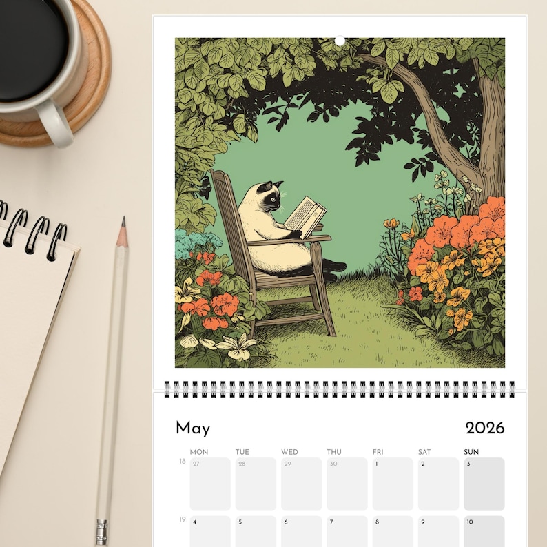 Cats Chillin' with Books 2026 Wall Calendar, Funny Cat Calendar Gift for Book Lovers, Monthly Calendar for Readers - EU & UK Version image 5