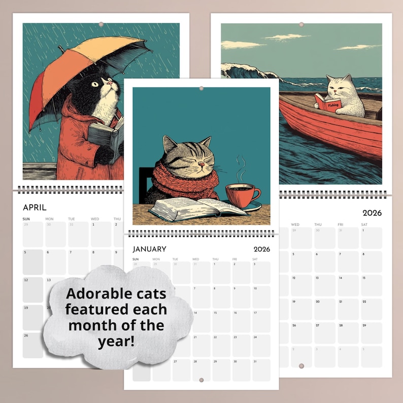 Cats Chillin' with Books 2026 Wall Calendar, Funny Cat Calendar Gift for Book Lovers, Monthly Calendar for Readers - EU & UK Version image 3