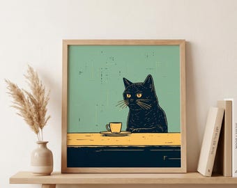 Schwarze Katze chillt mit Kaffee - Küchen Wanddekoration - Retro Vintage schrullig Illustration - Ungerahmtes Katzen Kunst Poster