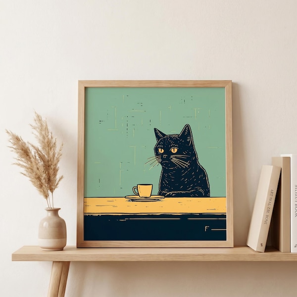 Black Cat Chilling with Coffee - Kitchen Wall Decor - Retro Vintage Quirky Illustration - Unframed Square Cat Art Poster
