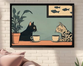 Bengal Cat Coffee Wall Art, Black Cat Kitchen Print, Cat Cafe Decor Gift