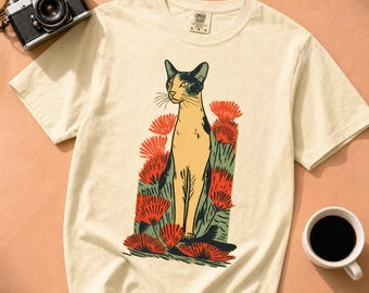 Comfort Colors Cat Graphic Tee, Hand-Drawn Floral Feline Art, Oversized Unisex T-Shirt
