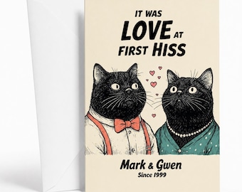 Custom Cat Anniversary Card Funny Couple Gift Love At First Hiss Personalized Wedding Card