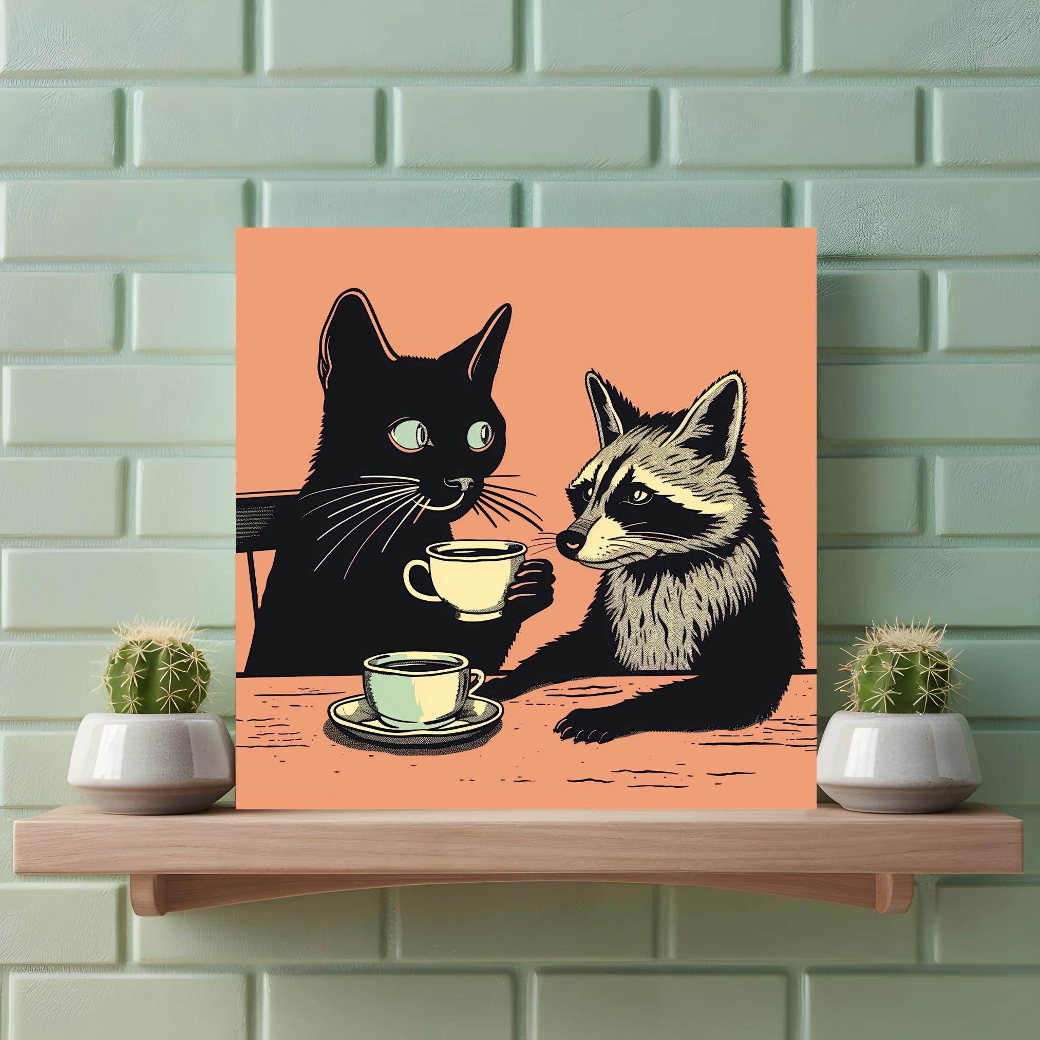 Eclectic Animal Art Poster Black Cat Raccoon Quirky Kitchen Decor Funny ...