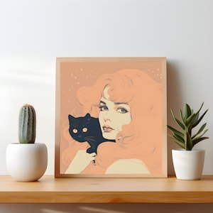 Vintage 70s Boho Celestial Orange Ginger Haired Girl & Magical Black Cat Wall Art Poster - Whimsy Goth Peach Retro Girl Aesthetic Decor