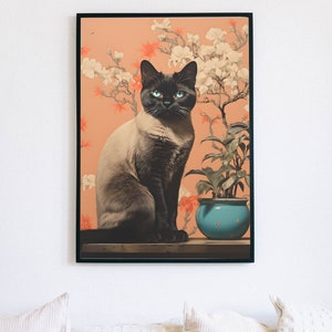 Unique Cat Lover Decor- Retro Vintage Style Siamese Cat and Bonsai Wall Art