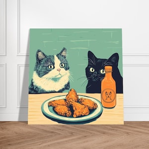 Decoración de alitas de pollo / Impresión artística de cocina con gatos peculiares / Decoración de pared con dopamina / Póster divertido de comida para gatos / Regalos con temática de gatos