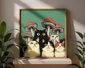 Funny Cats and Mushrooms Poster: Whimsical Cottagecore Wall Art