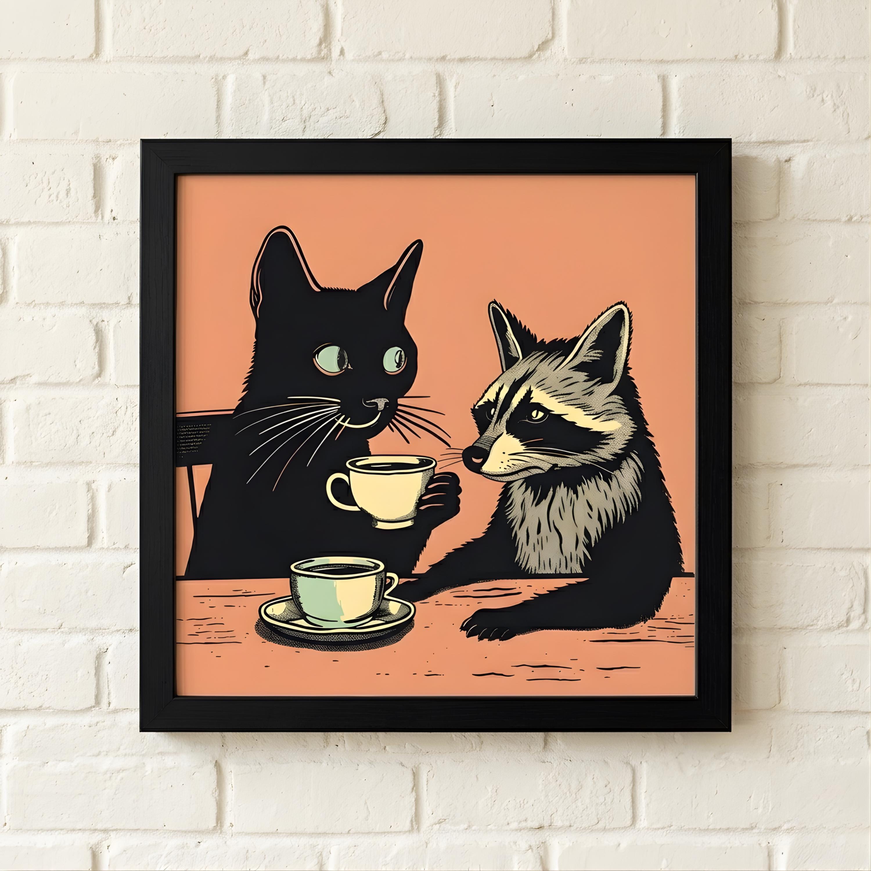 Eclectic Animal Art Poster Black Cat Raccoon Quirky Kitchen Decor Funny ...