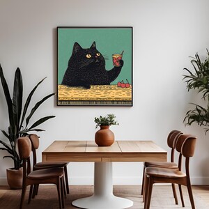 Black Cat Cocktail Art Print, Funny Cat Kitchen Wall Decor, Bar Cart ...