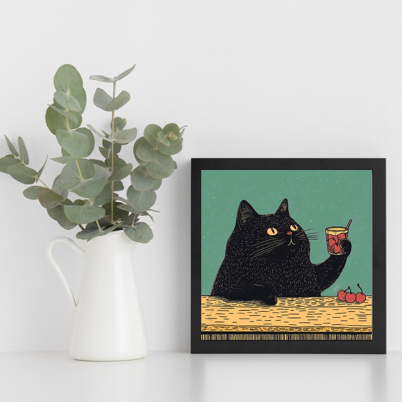 Black Cat Cocktail Art Print, Funny Cat Kitchen Wall Decor, Bar Cart ...