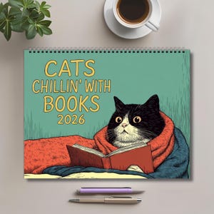 2026 Cat Wall Calendar - Cats Chillin&#39; with Books - Perfect Cat Lover Gift- Bookish Gifts