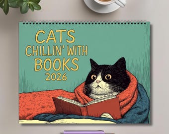 2026 Cat Wall Calendar - Cats Chillin' with Books - Perfect Cat Lover Gift- Bookish Gifts
