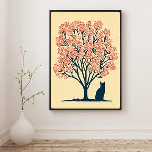Poster chat noir - art mural chat du Japon - dessin minimaliste de chat - cadeau pour amoureux des chats - décoration fleurs de cerisier - impression esthétique Japandi