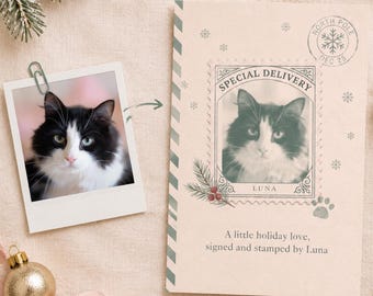 Cat Christmas Card, Custom Photo Card, Personalized Cat Mom Gift, Vintage Stamp Holiday Greeting