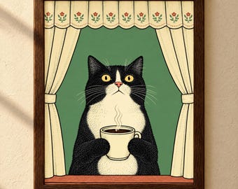 Framed Tuxedo Cat Art Print, Coffee Wall Art, Coffee Bar Decor, Cat Mom Gift