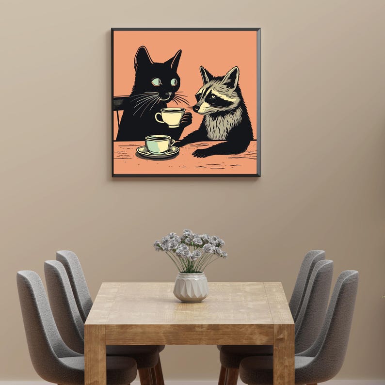 Eclectic Animal Art Poster Black Cat Raccoon Quirky Kitchen Decor Funny ...