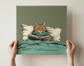 Cat Art Print, Orange Cat Reading Poster, Book Lover Library Decor