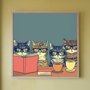 Decorazione murale "Retro Cat Book Club" - Stampa divertente con gatto e amante dei libri, originale decorazione per angolo lettura, regalo per amanti dei libri e dei gatti.