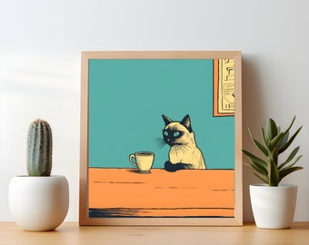 Siamese Cat Chilling with Coffee and Books - Kitchen Wall Art Illustration- Quirky Cat Lover Square Art Print Poster Gift