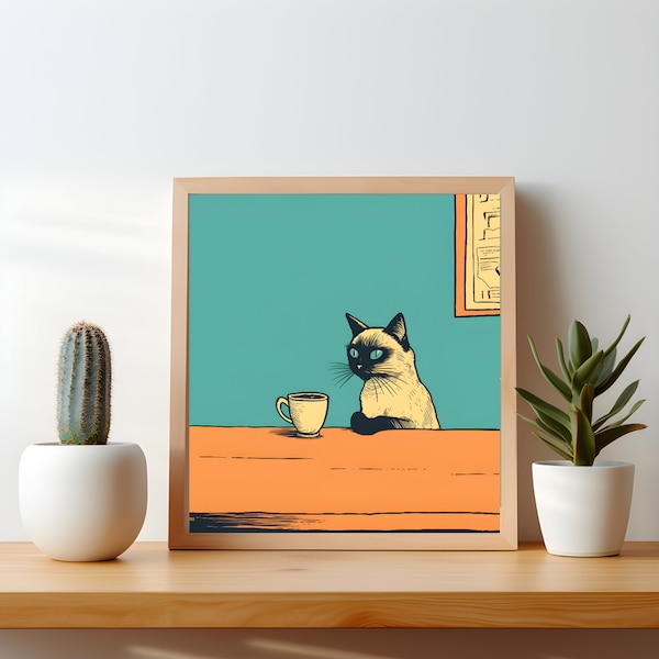 Siamkatze Chillen mit Kaffee und Büchern - Kunst Illustration für die Küche - Skurriler Katzenliebhaber Quadrat Kunstdruck Poster Geschenk