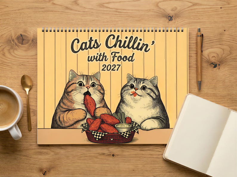 Puede incluir: Un calendario de pared 2027 titulado Cats Chillin' with Food que presenta una ilustraci&oacute;n de dos gatos atigrados comiendo alitas de pollo de una cesta. El fondo es un dise&ntilde;o de paneles de madera verticales de color amarillo claro con texto negro.