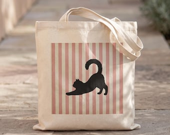 Cat Tote Bag, Retro Striped Canvas Tote, Cat Silhouette Bag, Cat Mom Gift