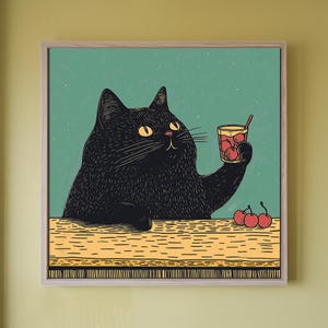 Black Cat Bar Cart Art Print – eigenzinnige cocktailposter – kersendrank muurdecoratie – cadeau schattige kattenliefhebber – housewarmingcadeaus