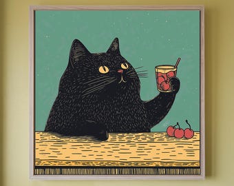 黒猫カクテルアートプリント、面白い猫のキッチン壁飾り、バーカートポスターギフト