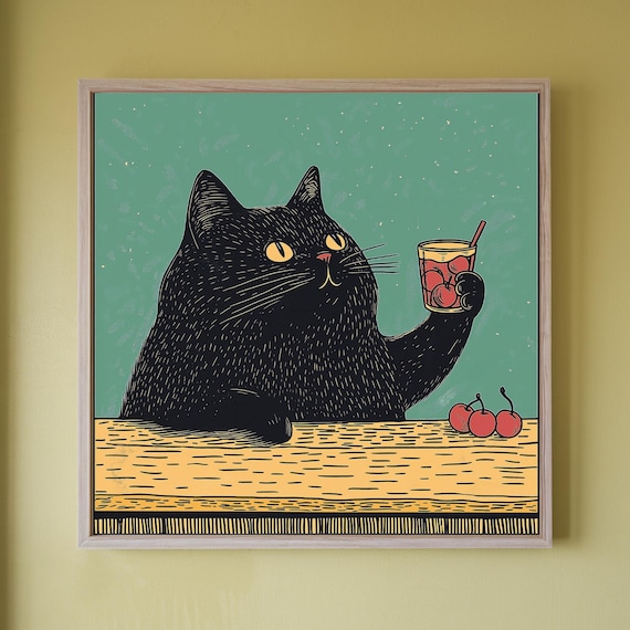 Black Cat Cocktail Art Print: Quirky Bar Cart Poster - Etsy