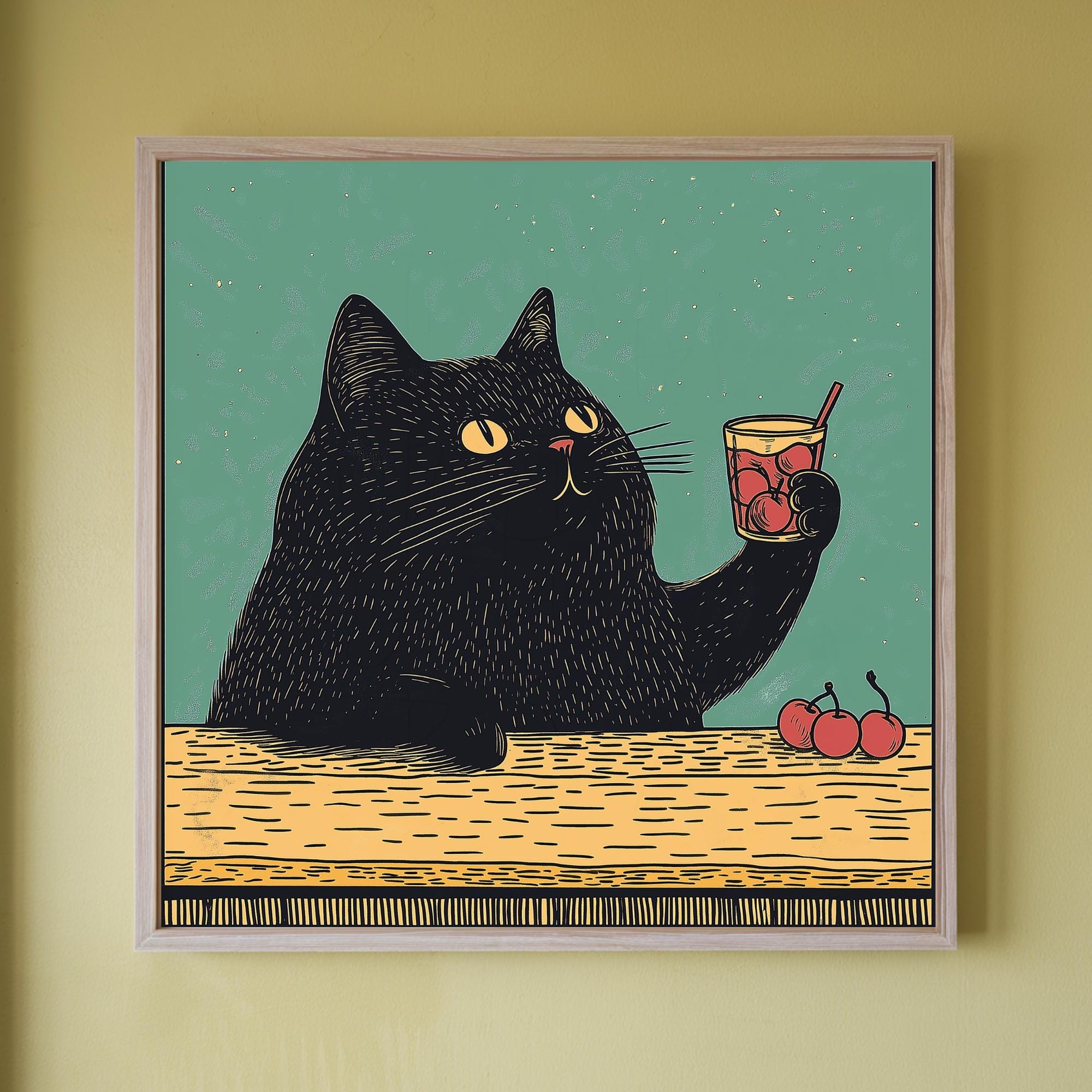 Black Cat Cocktail Art Print, Funny Cat Kitchen Wall Decor, Bar Cart ...