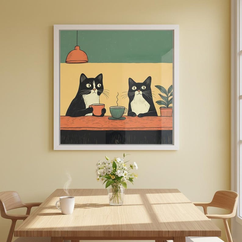 Tuxedo Cats Kunstwerk - Kaffee Poster - Retro schrulliges Cafe Dekor - Kaffee Liebhaber Geschenk Bild 5