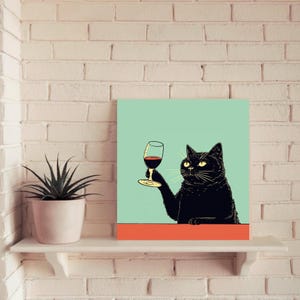 Eigenzinnige zwarte kat wijnposter – grappige barwagen kunst aan de muur – kattenliefhebber cadeau – wijn keuken decor – grillige alcohol print – kat en wijn kunst