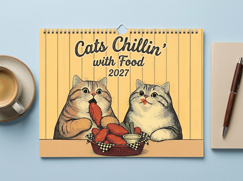 Puede incluir: Un calendario de pared con fondo amarillo que muestra el texto "Cats Chillin' with Food 2027" y una ilustraci&oacute;n de dos gatos comiendo alitas de pollo de una cesta. El calendario est&aacute; encuadernado en espiral con un orificio central.