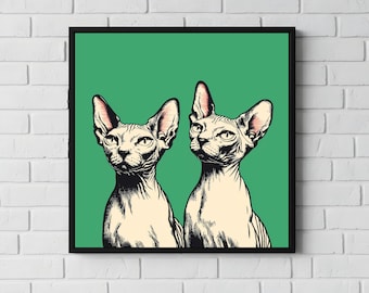 Lámina artística de gato esfinge: ilustración de gato sin pelo, fondo verde