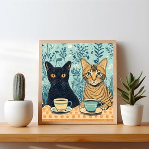 Cats Drinking Tea Wall Art, Whimsical Cat Art Print, Cottage Core Decor, Cafecore Tea Poster, Eclectic Art, Gift for Tea Lover Friend