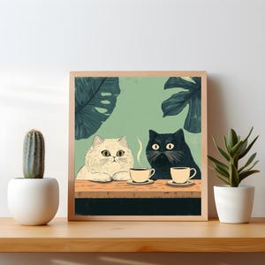 Perzische katten chillen met koffiekunst | Quirky Kitchen Decor & Kitty Cafe-poster | Cadeau kattenliefhebber, groene muurafdruk