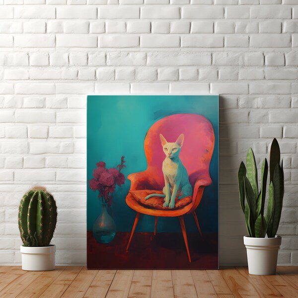 Sphynx Cat Wall Art, Retro Vintage Hairless Cat Poster, Elegant Minimalist Eclectic Art Print - Magenta Turquoise Gold Velvet Chair Decor