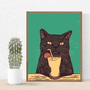 Bar Cart Art: Black Cat Drink Poster - Quirky Cocktail Wall Decor, Perfect Gift for Cat Lovers