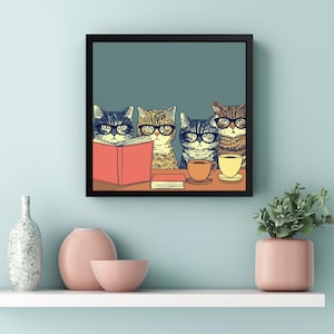 Decorazione murale "Retro Cat Book Club" - Stampa divertente con gatto e amante dei libri, originale decorazione per angolo lettura, regalo per amanti dei libri e dei gatti.