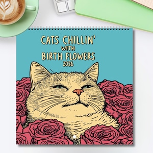 Wall Calendar 2026, Cat Calendar, Cats Chillin&#39; with Birth Flowers, Floral Calendars, Quirky Gift for Cat Lovers, EU Global Version