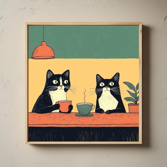 Tuxedo Cats Artwork - Coffee Poster - Retro Quirky Cafe Decor - Coffee Lover Gift