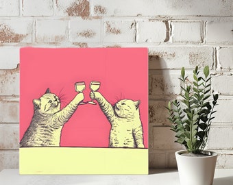Cat Bar Cart Art, Quirky Decor, Vintage Wine Drink Cheers Pink Illustration, Funny Cat Poster - Gift for Bestfriend
