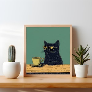 Stampa artistica di gatto nero con caffè / Decorazione murale retrò con gatto per cucina e bar / Idea regalo originale per gli amanti dei gatti