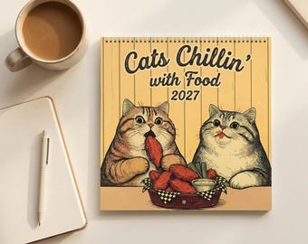 2027 Cat Calendar, Cats Chillin' with Food, Funny Cat Wall Calendar (21x21cm) - EU & UK Version